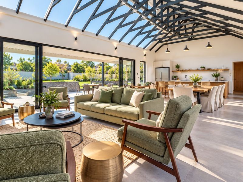 Spacious open-plan living and kitchen area featuring high vaulted ceilings with exposed steel trusses, glass roof panels, and seamless flow to the outdoor patio.