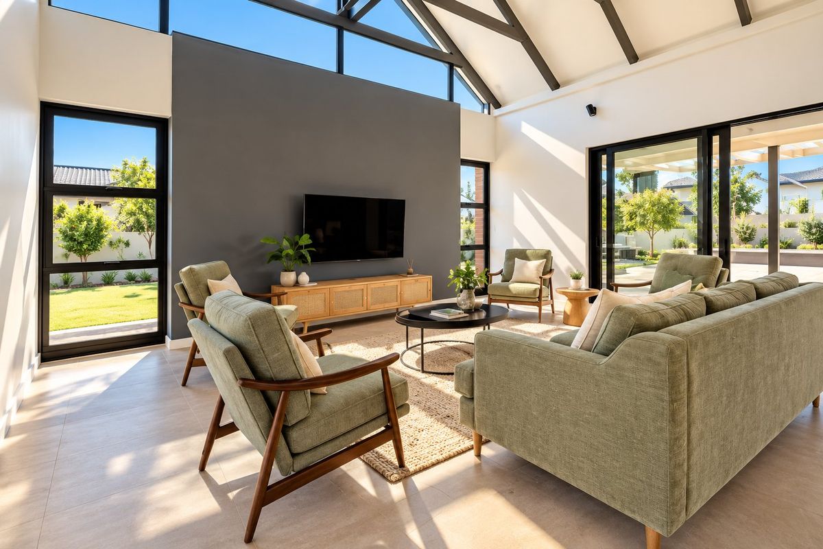 Bright and airy living room featuring a vaulted ceiling with exposed rafters, large format floor tiles, and expansive sliding glass doors leading to the garden.