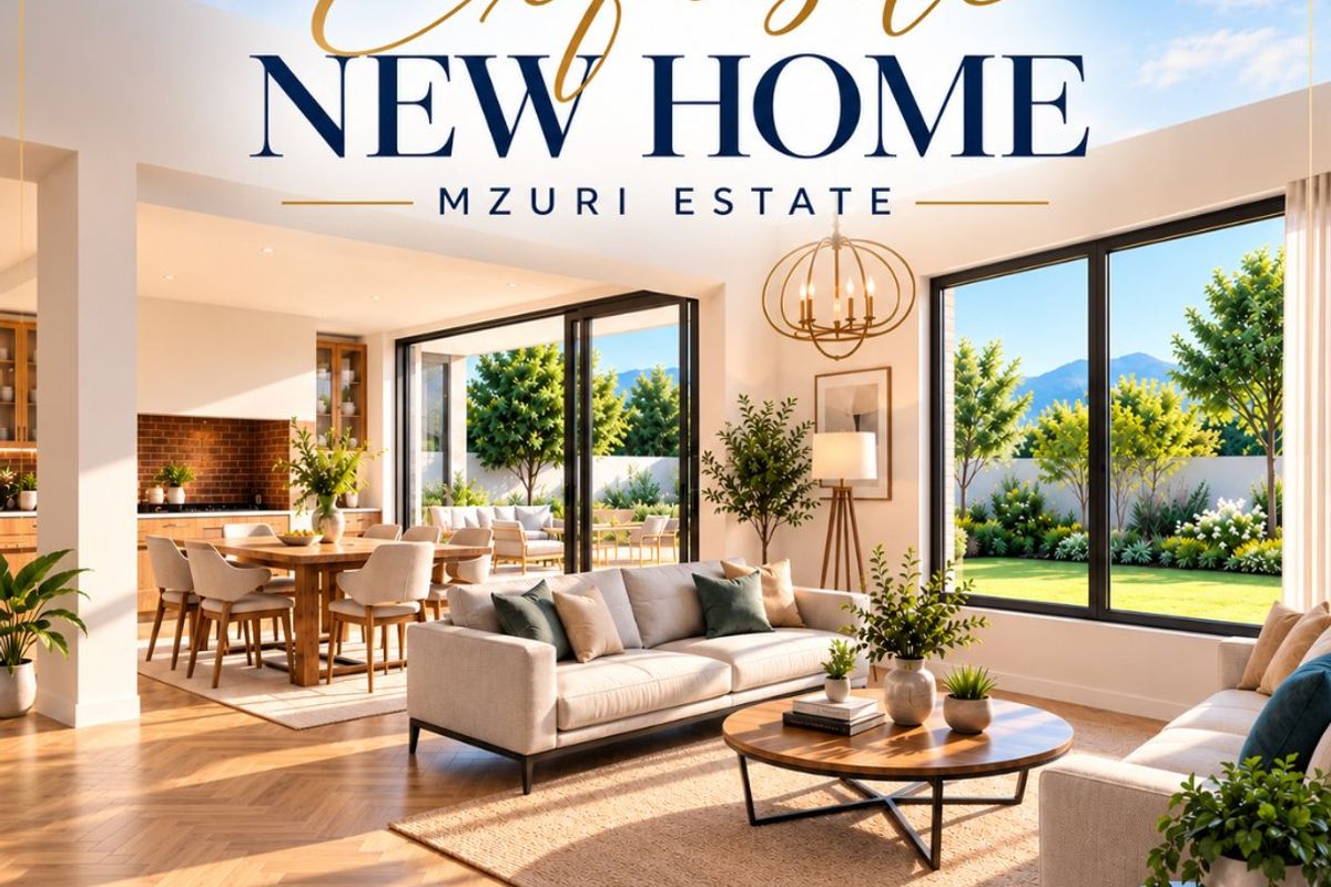 Spacious open-plan living and dining area featuring herringbone timber flooring, large sliding glass doors, and a modern kitchen with a brick feature wall.