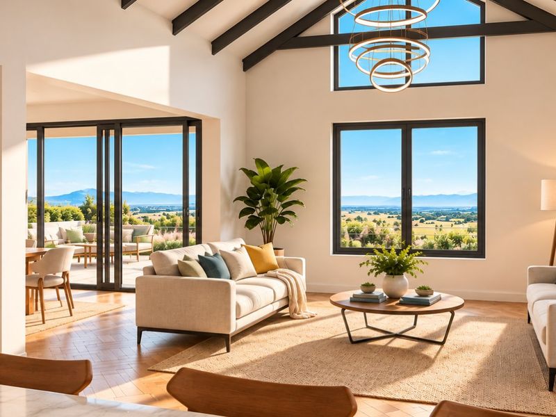 Spacious open-plan living and dining area featuring vaulted ceilings with exposed beams, herringbone flooring, and expansive windows offering panoramic landscape views.