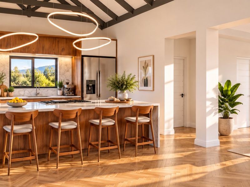 Spacious open-plan kitchen and dining area featuring herringbone timber flooring, exposed ceiling beams, and a modern kitchen island with stone countertops.