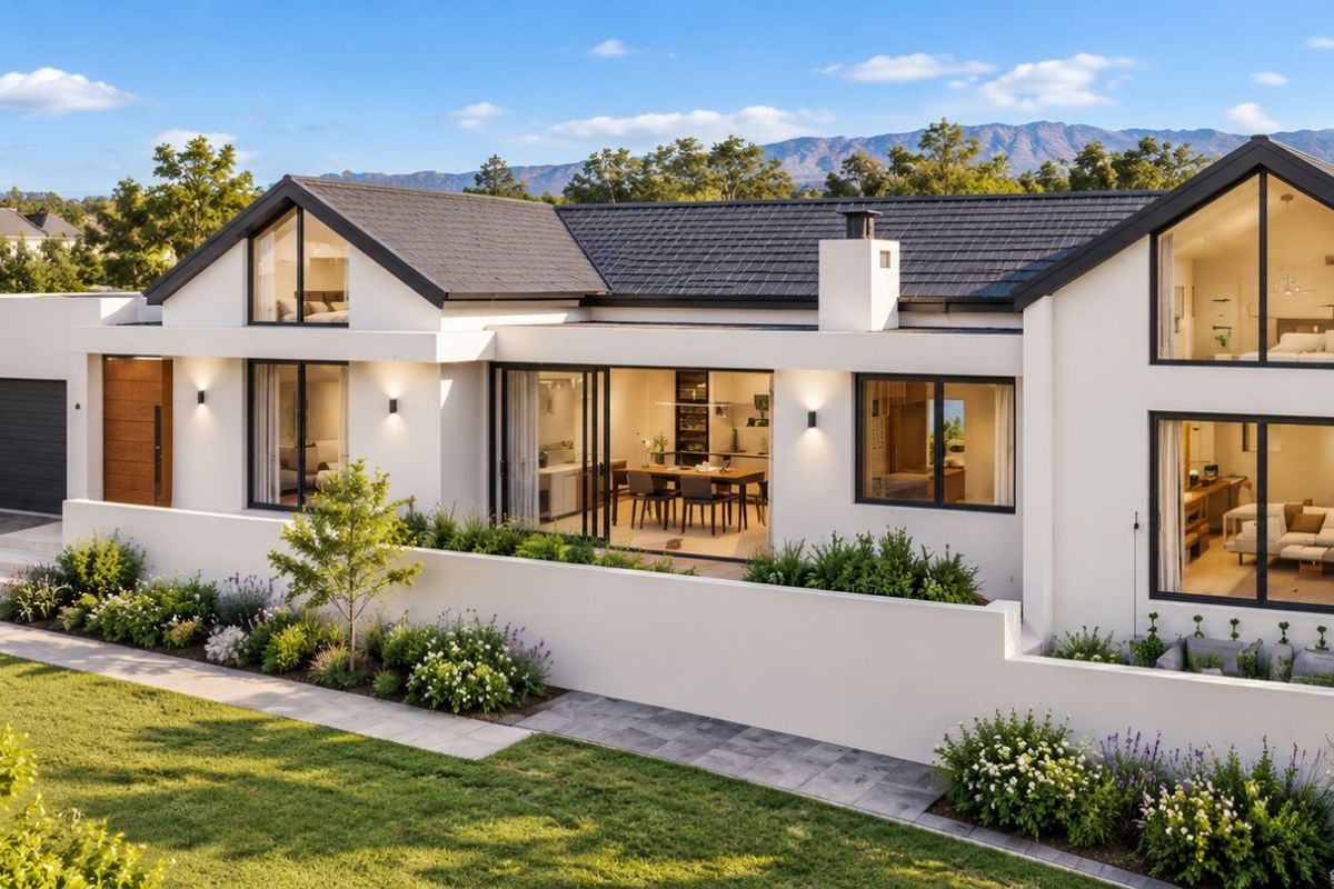 A modern, architecturally designed home featuring a tiled roof, large sliding glass doors, and a beautifully landscaped garden with a retaining wall.