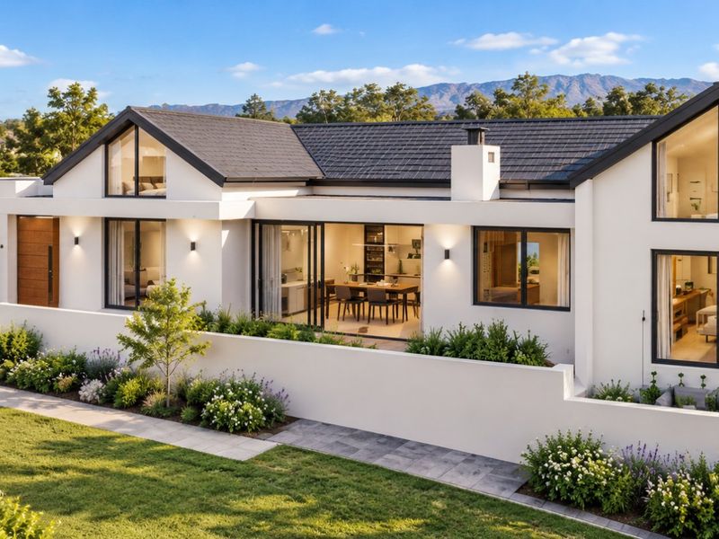 A modern, architecturally designed home featuring a tiled roof, large sliding glass doors, and a beautifully landscaped garden with a retaining wall.
