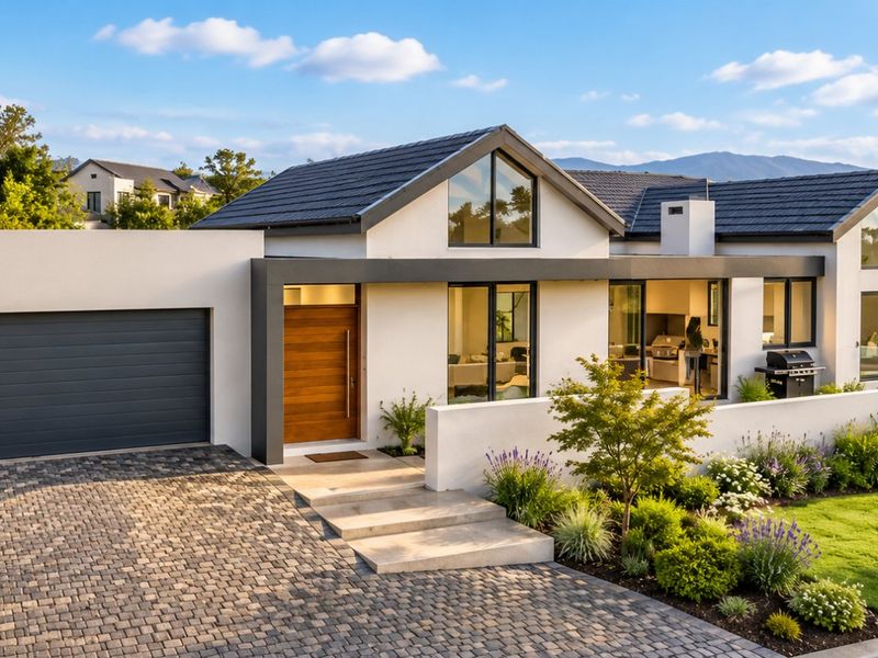 Modern architectural home featuring a paved driveway, double garage, timber entrance door, and beautifully landscaped front garden with contemporary design elements.