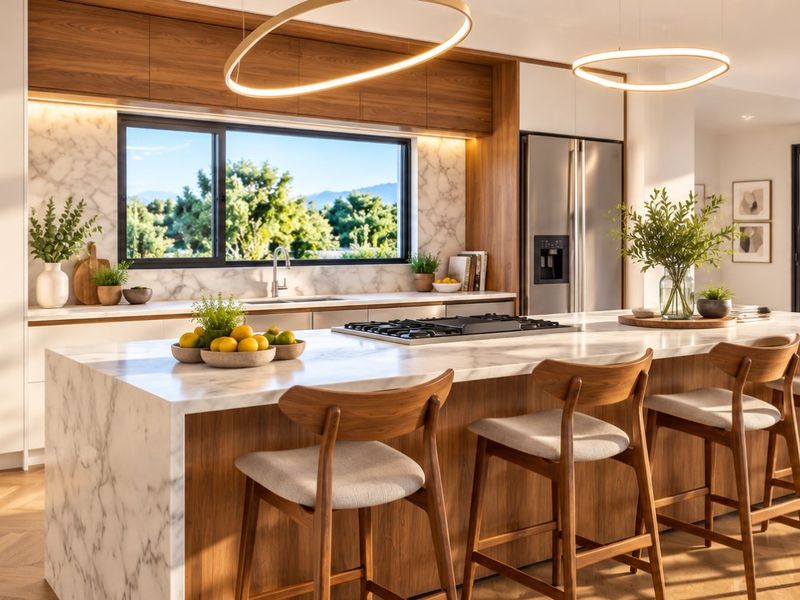 Modern open-plan kitchen featuring a marble island, high-end cabinetry, and seamless indoor-outdoor flow through bi-fold doors to the patio.