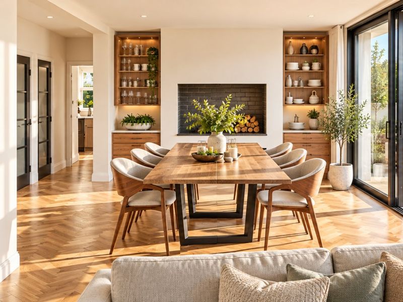 Elegant dining room featuring herringbone timber flooring, a built-in fireplace with integrated shelving, and large sliding glass doors opening to an outdoor patio.