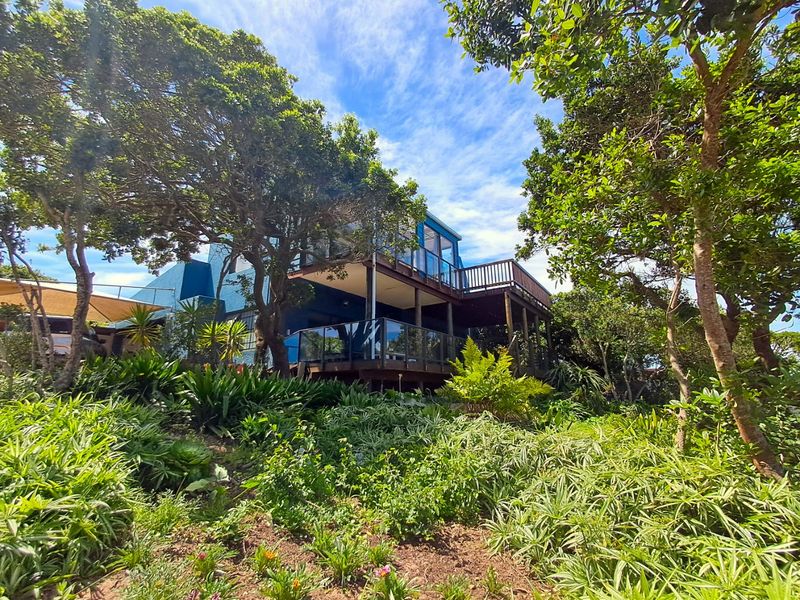 Rear view of the property featuring an elevated timber deck with glass balustrades, overlooking a lush, established garden.