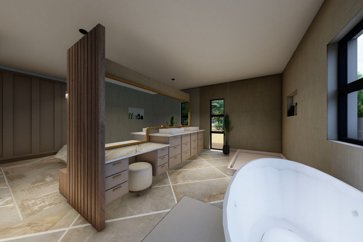A modern, spacious bathroom featuring a double vanity, freestanding bathtub, and elegant slatted timber room divider, finished with high-quality tiling and cabinetry.