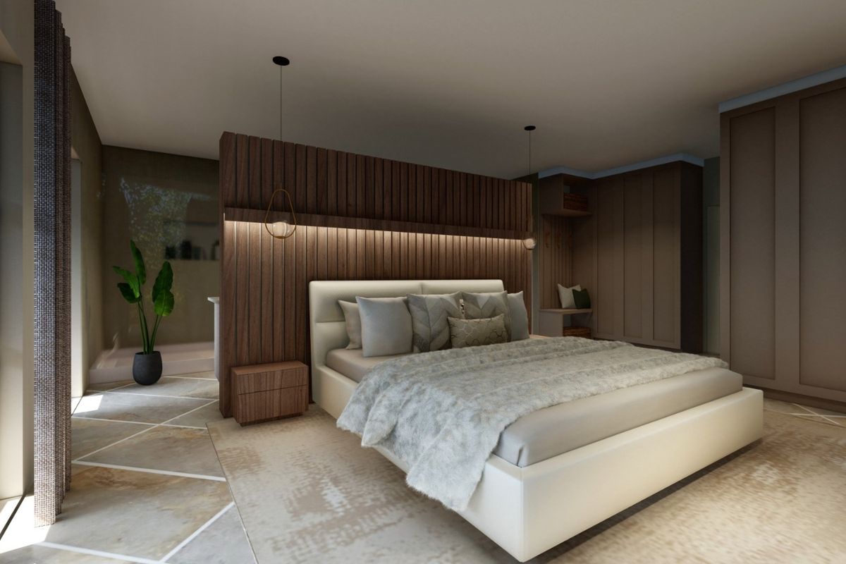 Modern master bedroom featuring a timber slat feature wall, integrated built-in wardrobes, and contemporary pendant lighting.