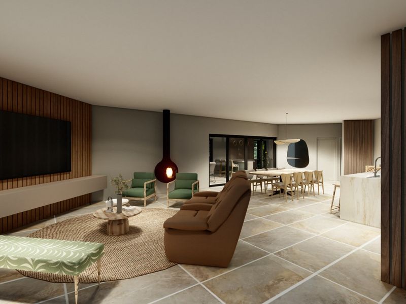 Spacious open-plan living and dining area featuring modern timber wall paneling, a suspended fireplace, and elegant stone flooring throughout.