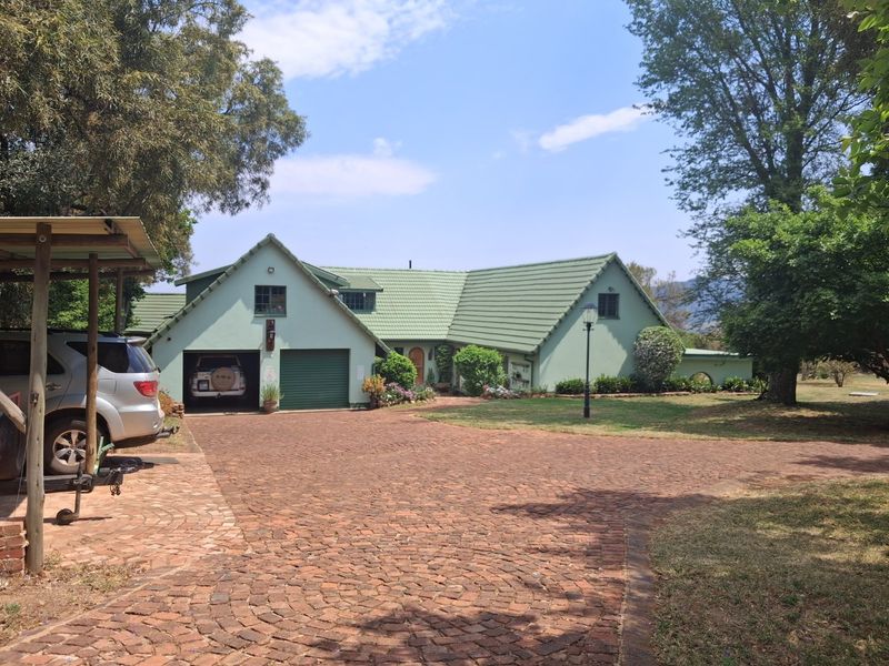 Front view of a house featuring a green tiled roof, a spacious brick-paved driveway, and a double garage set within a landscaped garden.