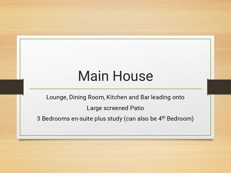 A text-based summary slide outlining the main house features including lounge, dining, kitchen, bar, patio, and bedroom configuration.