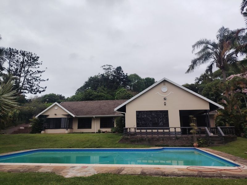 Rear view of the house featuring a swimming pool, patio area with balustrades, and a landscaped garden setting.