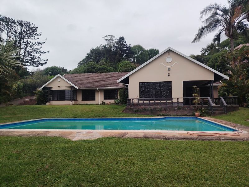 Rear view of the house featuring a swimming pool, a raised patio area with balustrades, and a spacious garden setting.