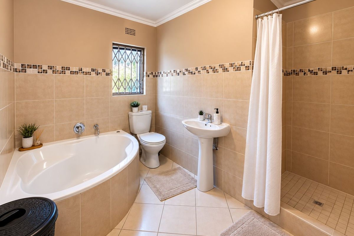 A well-maintained bathroom featuring a corner bathtub, separate shower enclosure, pedestal basin, and neutral wall tiling with decorative accents.