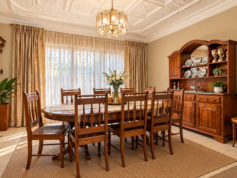 A formal dining room featuring a decorative coffered ceiling, crown molding, tiled flooring, and a large sliding glass door providing natural light.