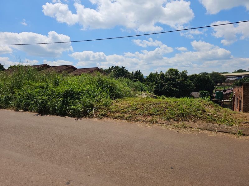 A street-level view of a vacant residential plot featuring sloped terrain and overgrown vegetation, situated in a developed neighborhood.