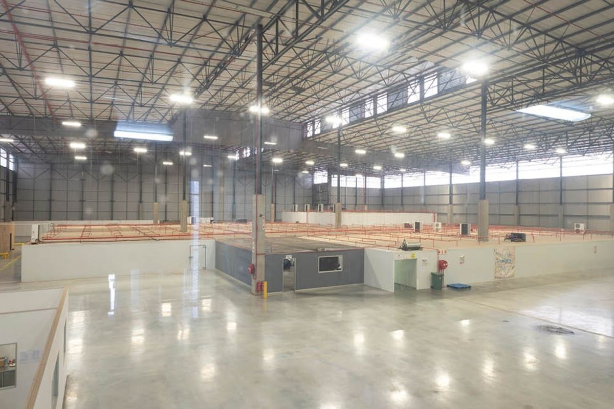 A large, open-plan industrial warehouse space featuring high ceilings with exposed steel trusses, polished concrete floors, and integrated internal office structures.