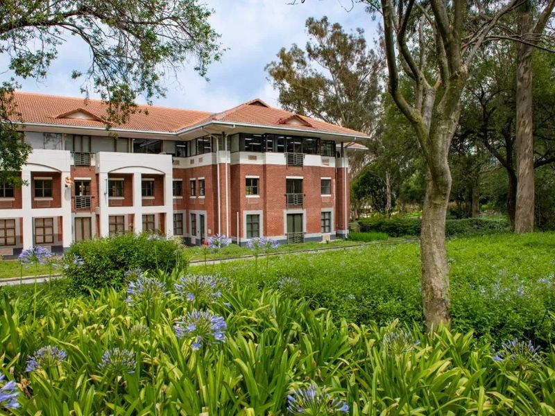 A view of the rear commercial building facade featuring classic brickwork, terracotta roof tiles, and balconies, set within a lush, well-maintained garden environment.