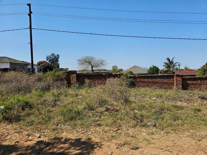 A vacant residential plot featuring an existing brick boundary wall and utility pole, currently covered in overgrown vegetation.