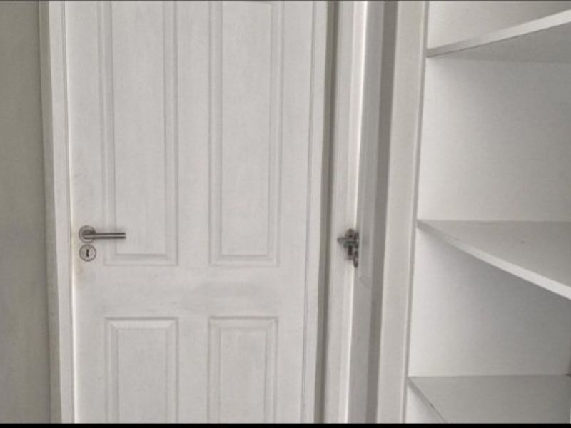 A hallway area featuring a white internal door and built-in shelving units.