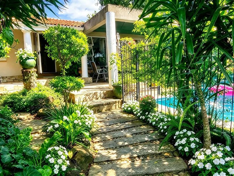 A lush garden pathway leads to a covered patio area adjacent to a swimming pool, featuring stone paving and mature landscaping.