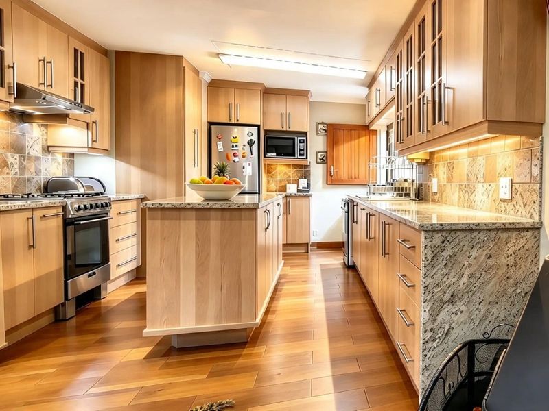 A well-appointed kitchen featuring light wood cabinetry, granite countertops, a central island, and high-quality built-in appliances with warm hardwood flooring.