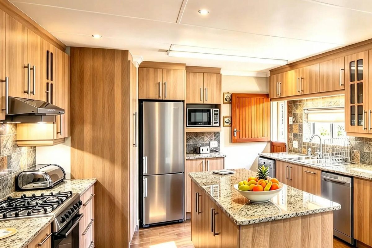 A well-appointed kitchen featuring wood-finish cabinetry, granite countertops, a central island, and integrated stainless steel appliances.