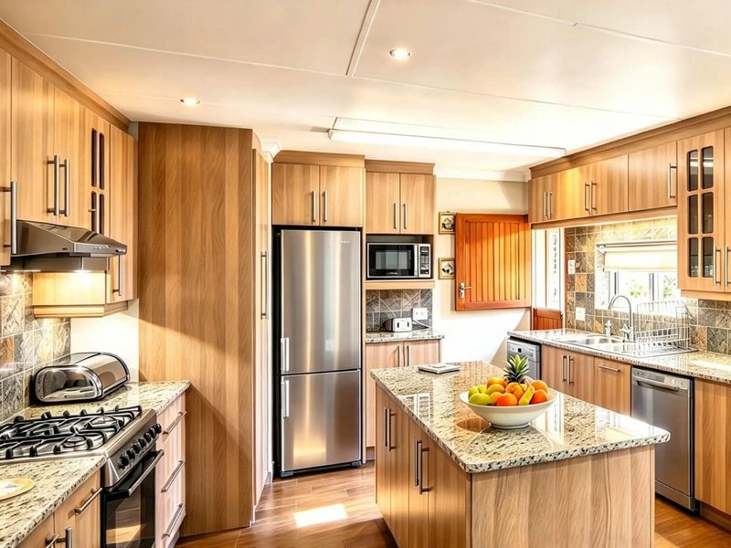 A well-appointed kitchen featuring wood-finish cabinetry, granite countertops, a central island, and integrated stainless steel appliances.