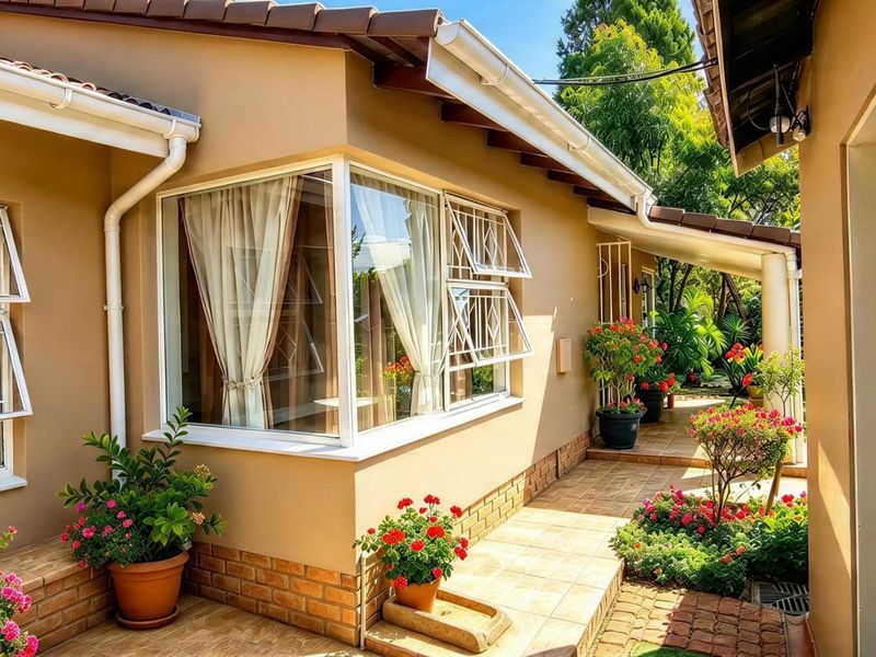 A well-maintained rear exterior view featuring a tiled patio, brick base detailing, and secure window fixtures, surrounded by landscaped garden elements.