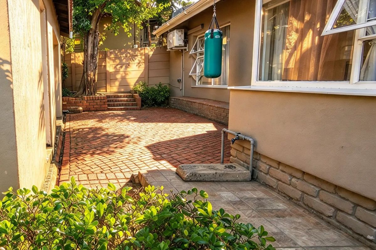 A private rear courtyard featuring brick paving, a retaining wall, and an external water tap, providing a functional outdoor space.