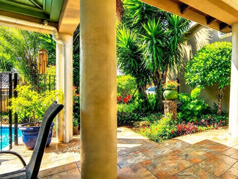 A covered patio area featuring tiled flooring, structural columns, and exposed timber beams, overlooking a lush, well-maintained garden.