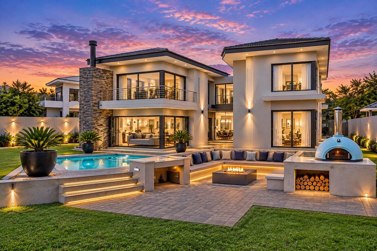 Stunning rear exterior view featuring a modern swimming pool, paved patio with built-in fire pit, pizza oven, and elegant architectural lighting at dusk.