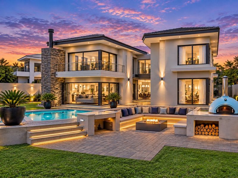 Stunning rear exterior view featuring a modern swimming pool, paved patio with built-in fire pit, pizza oven, and elegant architectural lighting at dusk.