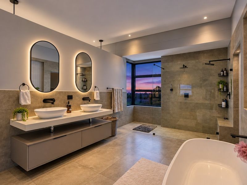Modern luxury bathroom featuring a double vanity with vessel sinks, backlit mirrors, a spacious walk-in shower, and a sleek freestanding bathtub with contemporary finishes.