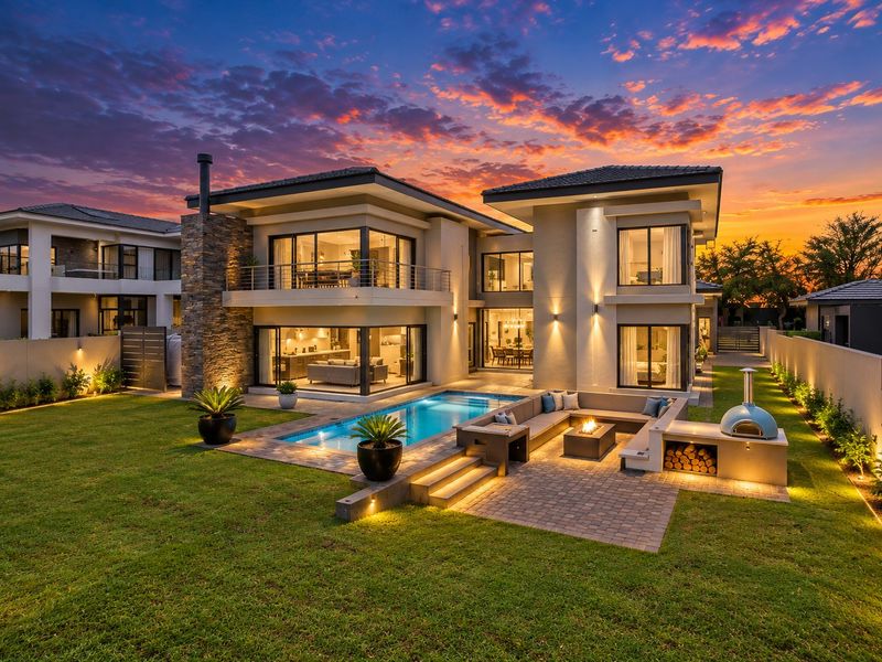 Stunning rear elevation featuring a modern swimming pool, built-in pizza oven, fire pit, and landscaped garden, perfect for outdoor entertaining.