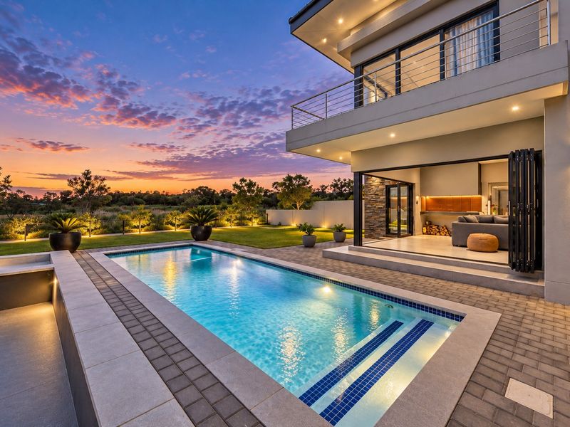 A stunning outdoor entertainment area featuring a modern swimming pool, landscaped garden, and a covered patio with seamless indoor-outdoor flow.