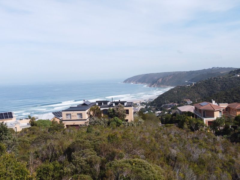 A scenic elevated view overlooking the coastline, ocean, and surrounding residential properties.