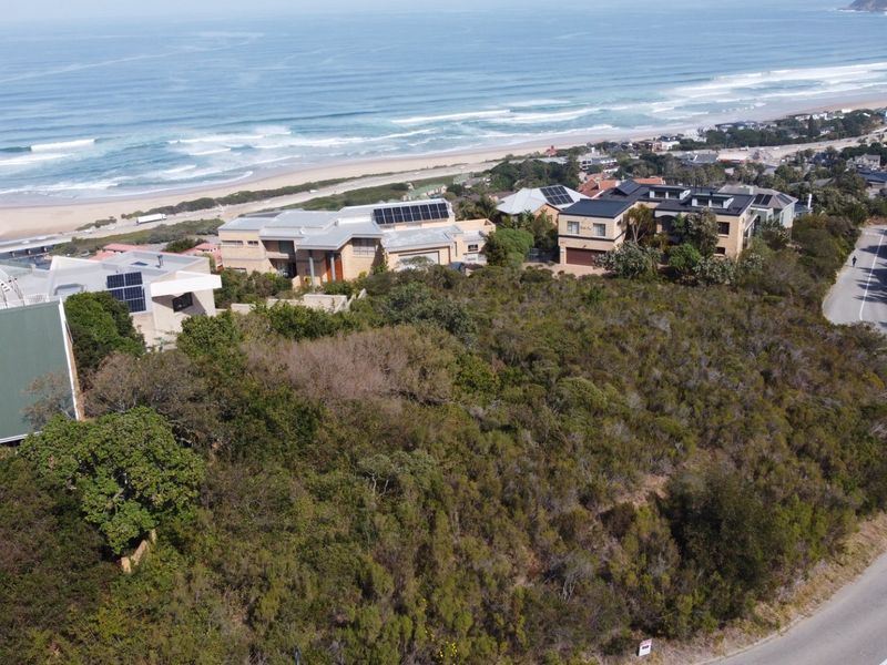 An aerial view of a vacant residential plot featuring dense coastal vegetation, situated in a prime location with proximity to the ocean.