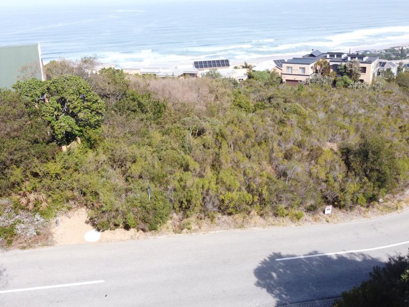 An elevated aerial view of a vacant residential plot featuring natural coastal vegetation and a sloped landscape with nearby ocean views.