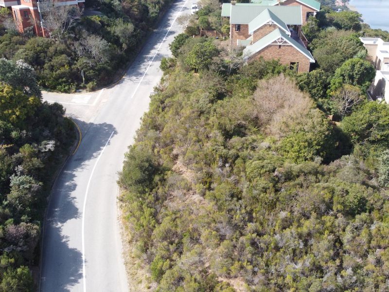 An aerial view of a vacant residential plot situated alongside a paved road, surrounded by established trees and coastal vegetation.