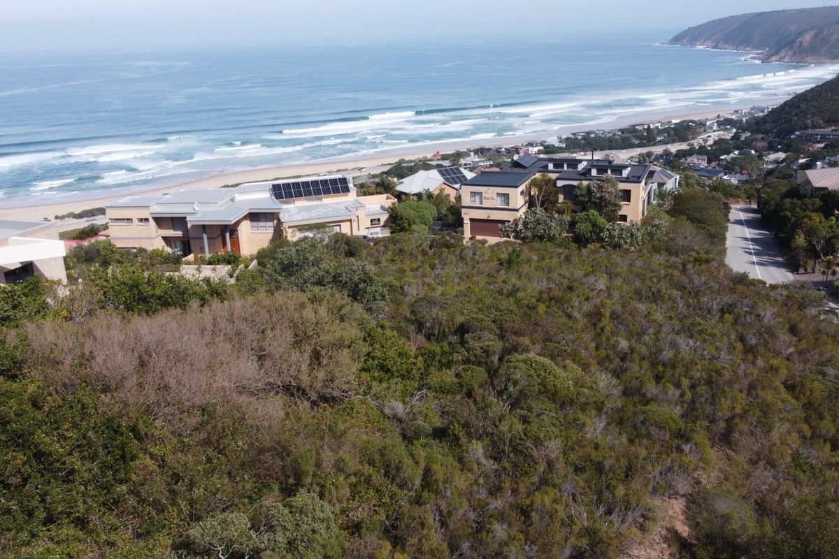 An elevated aerial view of a vacant residential plot featuring dense coastal vegetation, sloping topography, and proximity to the coastline and established residential properties.