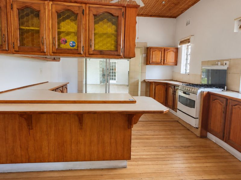 Spacious kitchen featuring timber cabinetry, laminate countertops, a freestanding oven, and natural timber flooring with a classic wood-paneled ceiling.