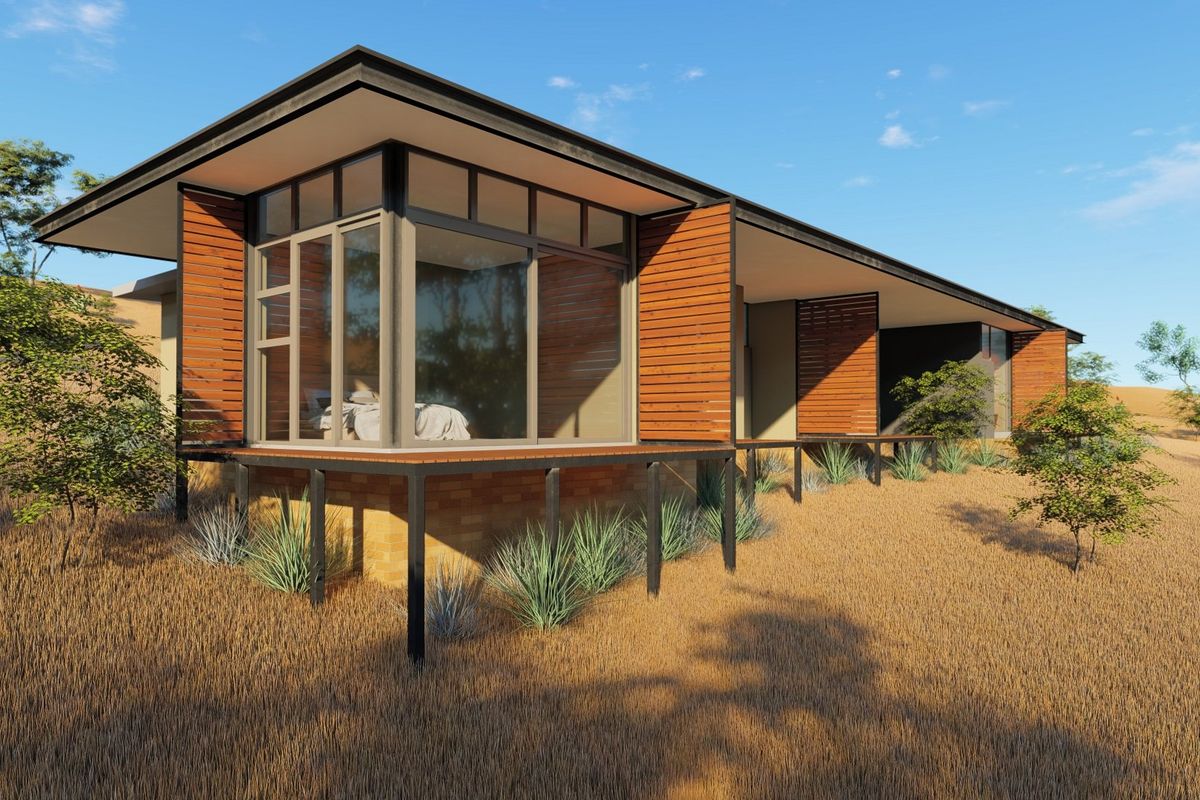 A modern architectural design featuring timber cladding, a raised deck, and large glass sliding doors, set within a natural landscape.