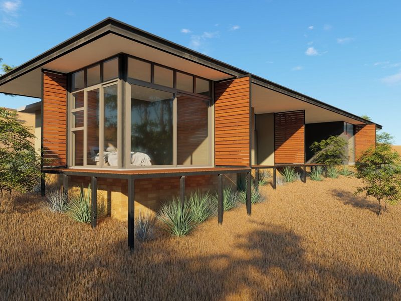 A modern architectural design featuring timber cladding, a raised deck, and large glass sliding doors, set within a natural landscape.