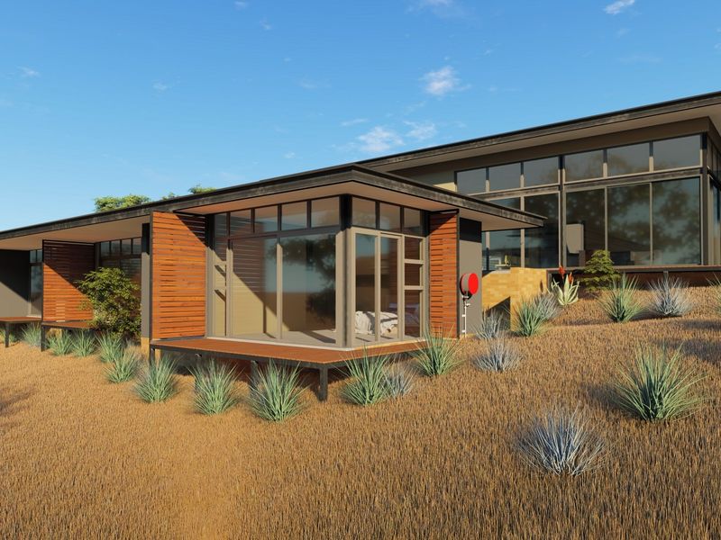A modern architectural rendering of a residential property featuring timber decking, large glass sliding doors, and timber slat screens set in a natural landscape.