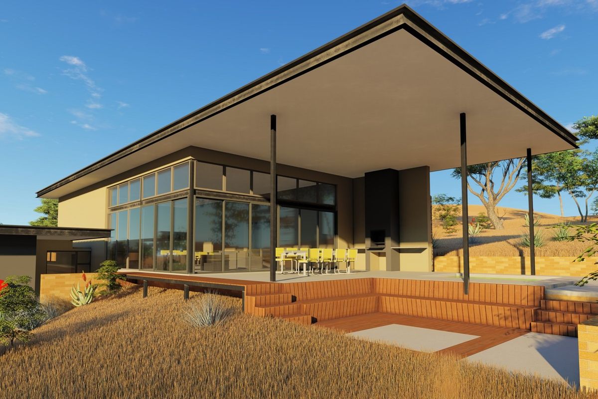 A modern architectural rendering of a rear exterior featuring a spacious covered patio, timber decking, and large glass sliding doors overlooking the landscape.