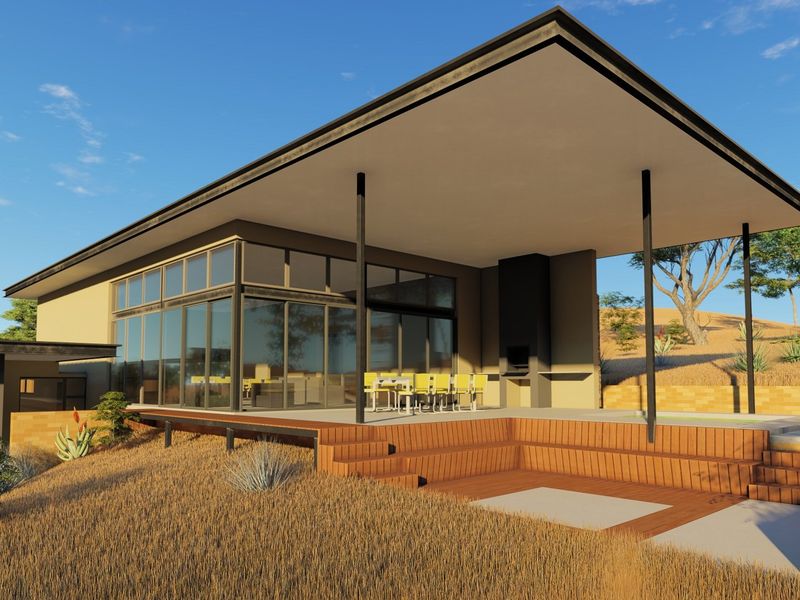 A modern architectural rendering of a rear exterior featuring a spacious covered patio, timber decking, and large glass sliding doors overlooking the landscape.