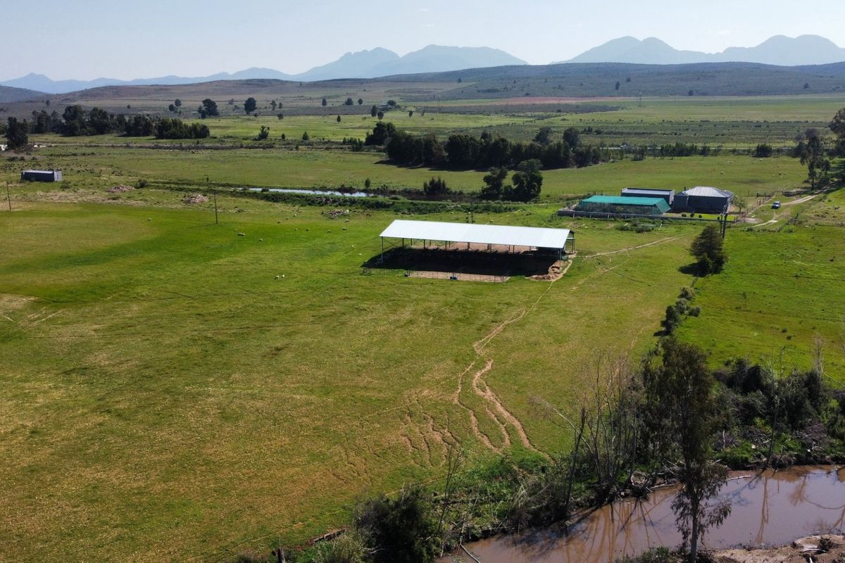 Aerial view of a farm property featuring open-sided agricultural structures, expansive grazing paddocks, and river frontage set against a mountain backdrop.