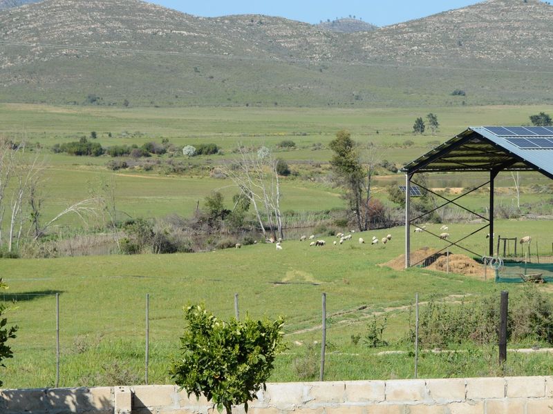 Expansive rural landscape view featuring open grazing fields, a small dam, and a farm structure equipped with solar panels.